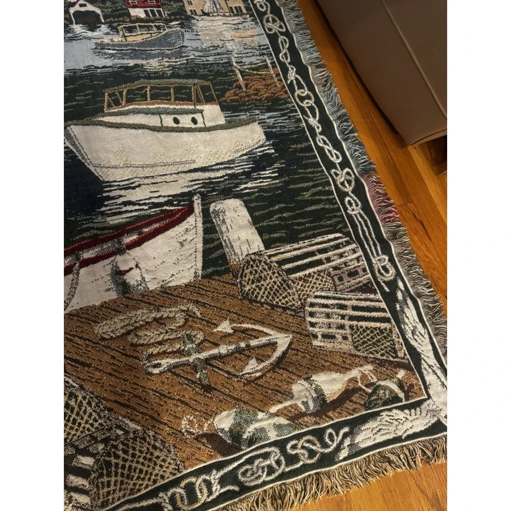 Vintage Tapestry Lake‎ Sailboat Birds Harbor Fringe Lap Blanket Throw Outdoors